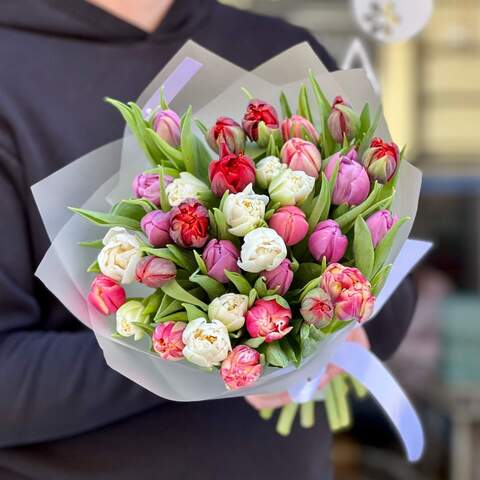 Кольоровий букет із 33 тюльпанів «Феєричний настрій», Квіти: Тюльпан