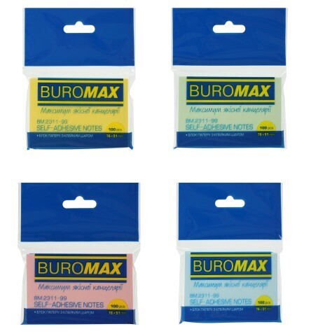 Блок бумаги с липким слоем для заметок Buromax 51х76 мм (100 л.) ассорти (BM.2311-99)