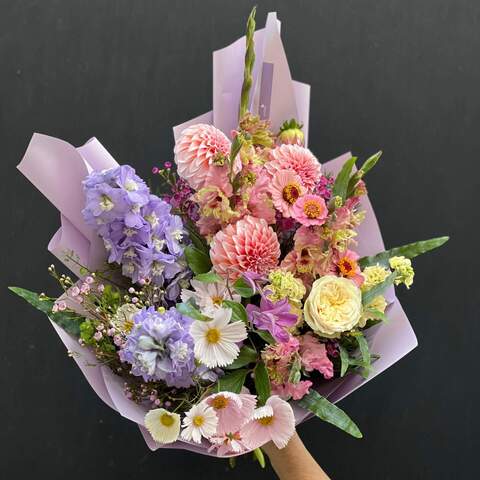 Bouquet «Sky at dawn», Flowers: Delphinium, Dahlia, Cosmos, Pion-shaped rose, Zinnia, Chamelaucium, Clematis, Matthiola