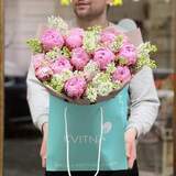 Photo of Fragrant spring bouquet of Sarah Bernhardt peonies and white lilacs «Raspberry parfait»
