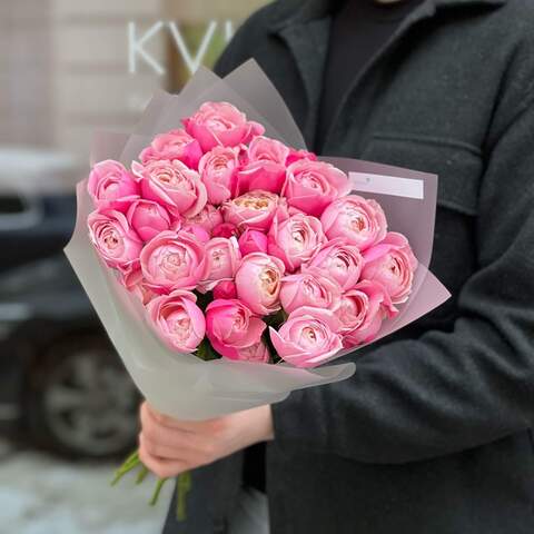 7 розовых пионовидных кустовых роз Silva в букете «Румяная Сильва», Цветы: Роза пионовидная кустовая