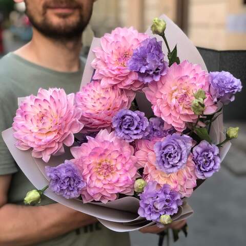 Lilac bouquet with dahlias «Evening Lotus», Flowers: Dahlia, Eustoma