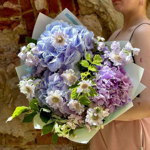 Exquisite bouquet with a combination of hydrangea and scabiosa «Lavender Surf», Flowers: Rubus Idaeus, Scabiosa, Delphinium, Matthiola, Hydrangeaя