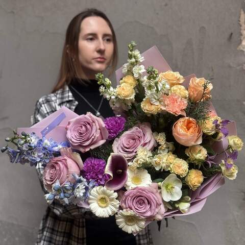 Fluffy pastel bouquet «Winter Holidays», Flowers: Pion-shaped rose, Dianthus, Zantedeschia, Gerbera, Nobilis, Narcissus, Delphinium, Clematis, Matthiola, Helleborus, Bush Rose