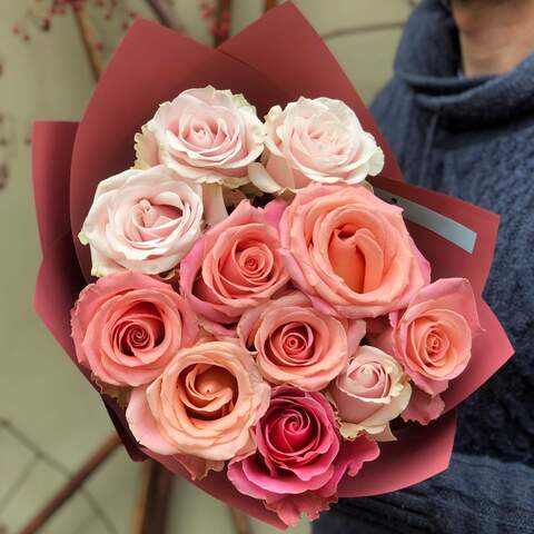 Mix of 11 roses of Hermosa & Pink Mondial varieties in a bouquet «Sweet Compliment», Flowers: Rose of Hermosa & Pink Mondial varieties, 11 pcs.