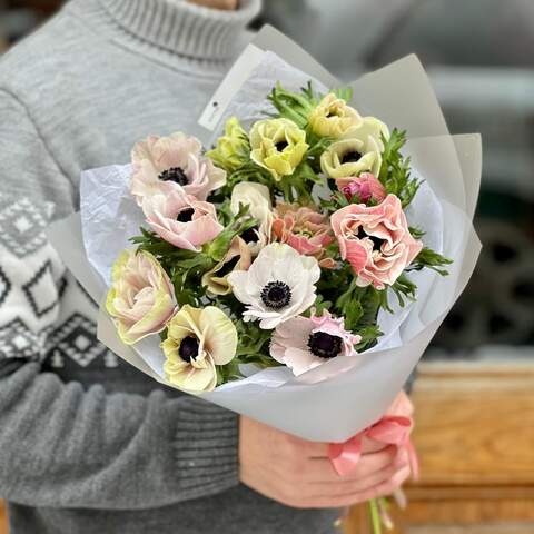 Photo of Delicate mono bouquet of 15 colored anemones «Ray of Spring»
