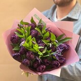 Photo of Mysterious purple duo bouquet of tulips and clematis «Dark night»