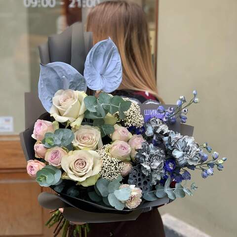 Bouquet «Gray blue», Flowers: Rose, Pion-shaped rose, Dianthus, Anthurium, Eucalyptus, Delphinium, Nelumbo, Ozothamnus