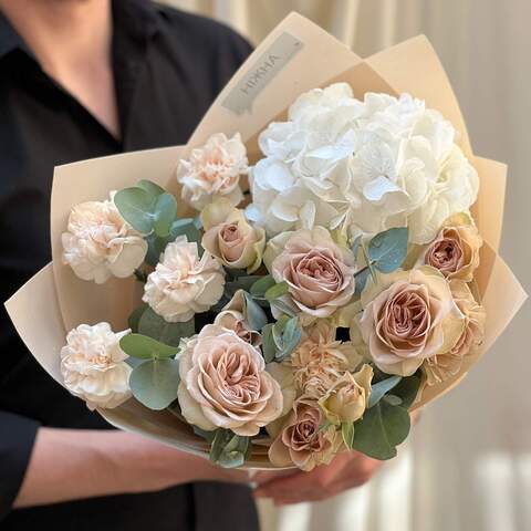 Light pastel bouquet «Tea with Milk», Flowers: Peony Spray Rose, Hydrangea, Eucalyptus, Dianthus