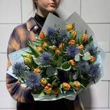 Photo of Interesting bouquet with peony shaped tulips and eryngium «Adventures at the Ranch»