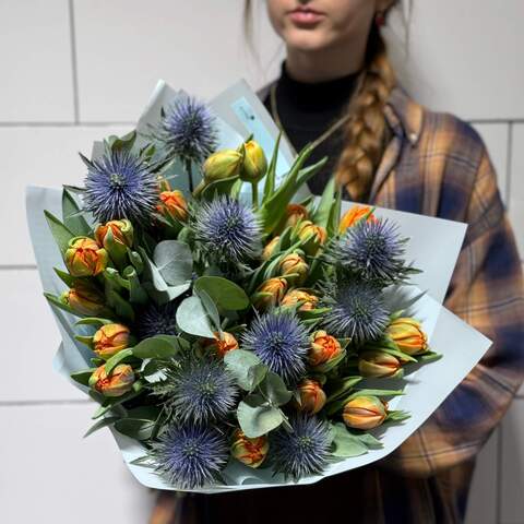 Photo of Interesting bouquet with peony shaped tulips and eryngium «Adventures at the Ranch»