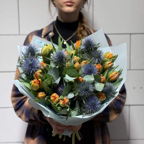 Photo of Interesting bouquet with peony shaped tulips and eryngium «Adventures at the Ranch»