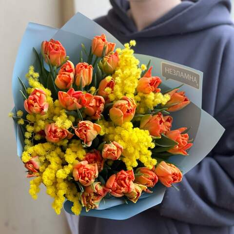 Bright sunny bouquet «Orange Sun», Flowers: Tulipa, Mimosa