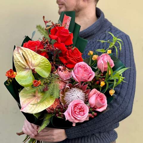 Bouquet «Tropical bird», Flowers: Protea, Rose, Anthurium, Skimmia, Freesia, Brunia, Eucalyptus