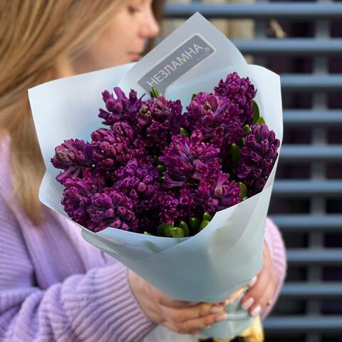 15 фіолетових гіацинтів у букеті «Весняний баклажанчик», Квіти: Гіацинт