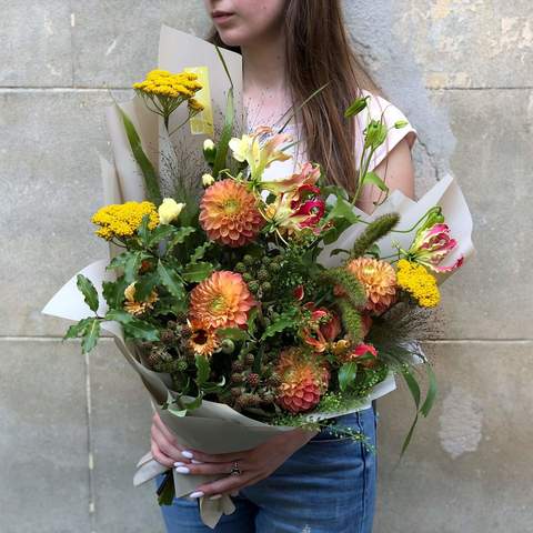 Bouquet «Flower feather», Flowers: Achillea, Setaria, Dahlia, Panicum, Gloriosa, Pittosporum, Dianthus