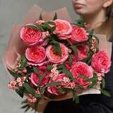 Photo of Pink X-Pression peony roses and euphorbia in a bouquet «Pink Miracle»