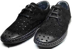 Модные туфли мужские мокасины на шнурках летние стиль casual Luciano Bellini 91754-S-315 All Black.
