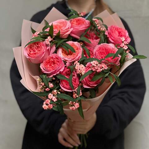 Photo of Pink X-Pression peony roses and euphorbia in a bouquet «Pink Miracle»