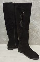 Высокие сапоги женские зимние. Замшевые ботфорты на низком ходу Kluchini-Suede Leather Black.