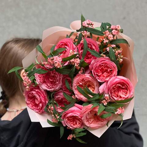 Photo of Pink X-Pression peony roses and euphorbia in a bouquet «Pink Miracle»