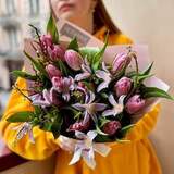 Photo of Bouquet with tulips and clematis «Lilac morning»