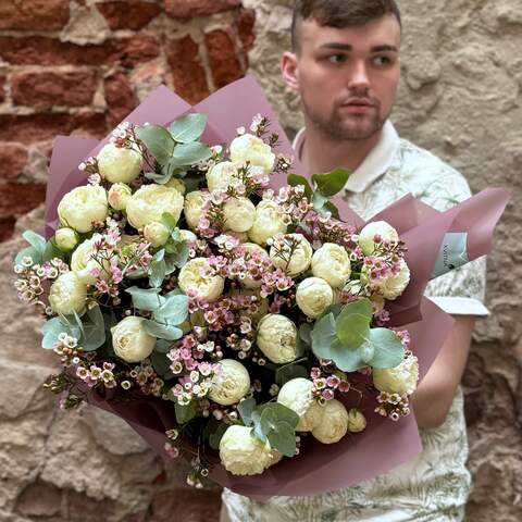 Shimmering bouquet of spray peony roses and chamelaucium «Flower Poems», Flowers: Bush Rose, Chamelaucium, Eucalyptus