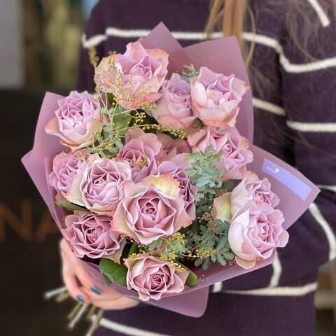 Photo of Bouquet in lilac shades of roses and mimosa «Tiny petal»