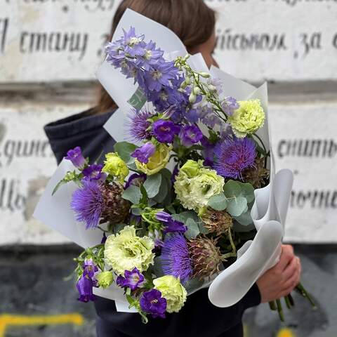 Bouquet «Ink of Love», Flowers: Artishok, Eustoma, Delphinium, Eucalyptus