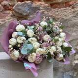 Photo of Shimmering bouquet of spray peony roses and chamelaucium «Flower Poems»