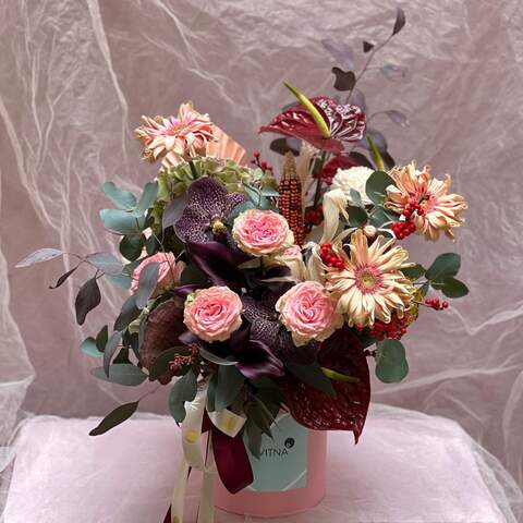 Contrasting composition in a box with Vanda orchids «Mosaic of a Kiss», Flowers: Gerbera, Peony Spray Rose, Ilex, Phalaenopsis, Hydrangea, Eucalyptus, Anthurium, Dianthus, Zantedeschia, Vanda