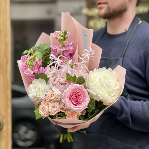 Delicate bouquet of hydrangea and nerine «Moment of tenderness», Flowers: Pion-shaped rose, Nerine, Paeonia, Antirinum, Hydrangea