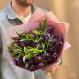 Photo of Mysterious purple duo bouquet of tulips and clematis «Dark night»