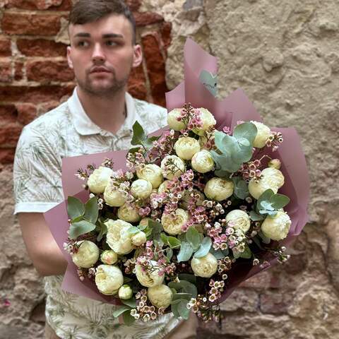 Photo of Shimmering bouquet of spray peony roses and chamelaucium «Flower Poems»