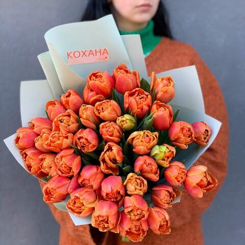 Букет «Оранжевая любовь», Букет из пионовидных тюльпанов, 39 шт.