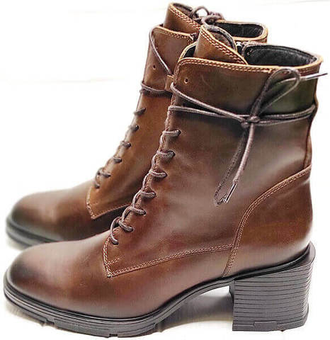Кожаные ботинки женские осень. Термо ботинки ботильоны на толстом каблуке 6 см. Коричневые ботинки с квадратным носком Guero Dark Brown.