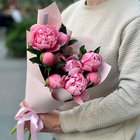 Photo of 9 peonies in a bouquet «Coral compliment»