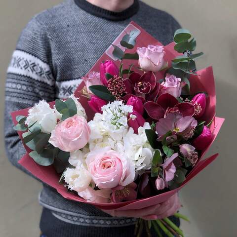 Bouquet «Bright tenderness», Flowers: Cymbidium, Hydrangea, Helleborus, Pion-shaped rose, Tulipa, Eucalyptus