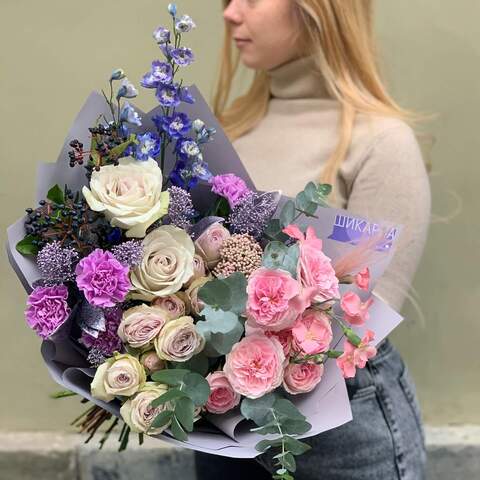 Bouquet «Delicate gift», Flowers: Pion-shaped rose, Delphinium, Skimmia, Viburnum (berries), Dianthus, Ozothamnus, Eucalyptus