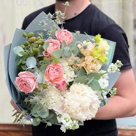 Bouquet «Garden greetings», Flowers: Hydrangea, Peony Spray Rose, Eustoma, Eryngium, Eucalyptus, Paeonia, Rubus, Matthiola