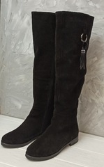 Замшеві чоботи зимові жіночі. Чорні ботфорти на низькому ходу Kluchini-Suede Leather Black.