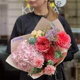 Photo of Pink bouquet of peony roses and exquisite hydrangea «Ruddy praline»