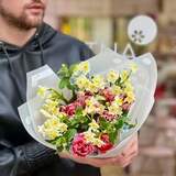 Photo of Delicate spring bouquet of daffodils, tulips and oxypetalum «Fragrant field»