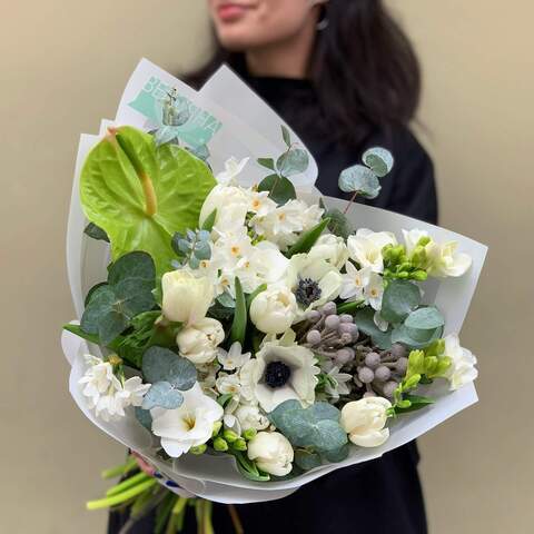 Bouquet «Light awakening», Flowers: Tulipa, Narcissus, Freesia, Anemone, Anthurium, Eucalyptus