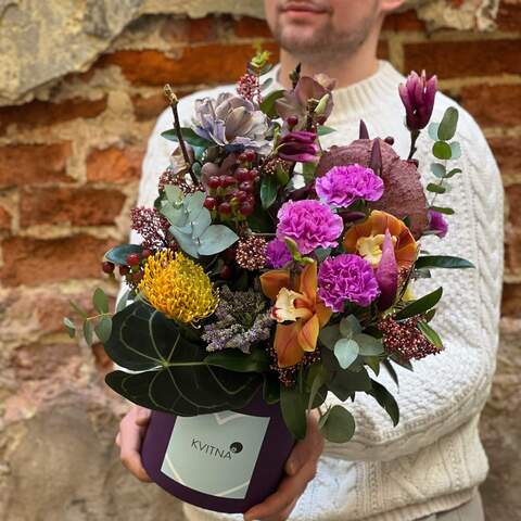 Box with flowers «Magic of awakening», Flowers: Leucospermum, Tulipa, Dianthus, Cymbidium, Hypericum, Skimmia, Magnolia, Helleborus, Eucalyptus