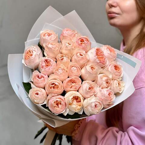 25 premium Juliet peony roses in a bouquet «Ostin's Pearl», Flowers: Pion-shaped rose of Juliet variety, 25 pcs.