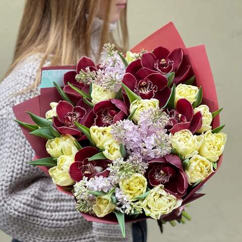 Bouquet «Terry hugs», Flowers: Cymbidium, Tulipa, Syringa