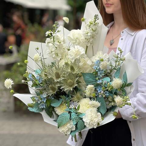 Light bouquet in white and blue shades «Breath of the Sky», Flowers: Delphinium, Aster, Matthiola, Rubus Idaeus, Scabiosa, Hydrangea, Eryngium, Dianthus, Oxypetalum