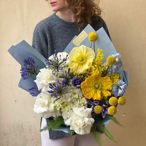 Bouquet «Starry night between us», Flowers: Rose, Papaverum, Craspedia, Hydrangea, Solidago, Anemone, Delphinium, Agapanthus