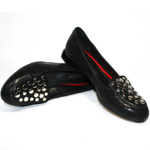 Черные балетки женские кожаные туфли на низком каблуке Kluchini - Black.
